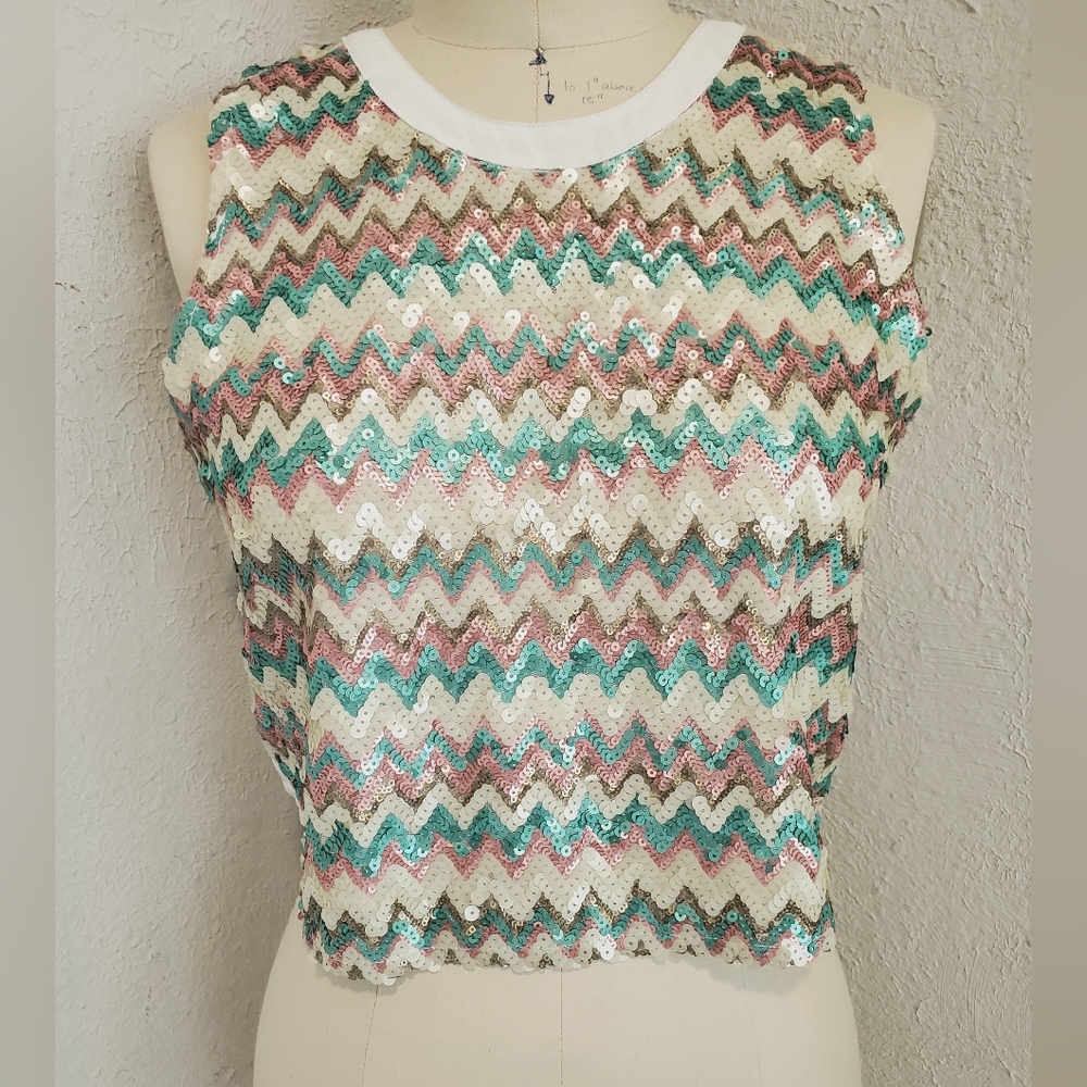 Lulumari White Sequin Chevron Zigzag Tank Top Womens Large